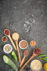 Various healthy products on grey background