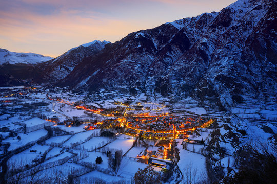 Benasque village sunset in Huesca Pyrenees Spain