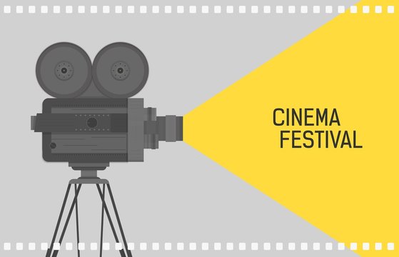 Horizontal background for cinema festival with retro camera or movie projector standing on tripod and film perforation border. Colorful flat vector illustration for event promotion, advertisement.