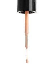 Brush with dripping nail polish on white background