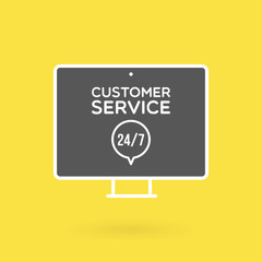 Desktop computer customer service 24/7 illustration. Concept of 24/7, open 24 hours, support, assistance, contact, customer service.  Vector illustration, flat design