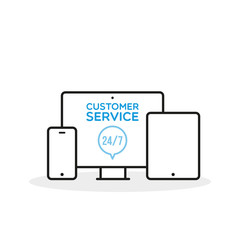 Fototapeta premium Customer service 24/7 illustration. Smartphone, desktop computer and tablet line icons. Concept of 24/7, open 24 hours, support, assistance, contact, customer service. Vector illustration, flat design