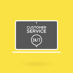 Laptop customer service 24/7 illustration. Concept of 24/7, open 24 hours, support, assistance, contact, customer service.  Vector illustration, flat design