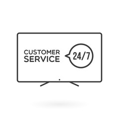 TV screen customer service 24/7 illustration. Concept of 24/7, open 24 hours, support, assistance, contact, customer service.  Vector illustration, flat design