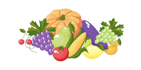 A pattern of fruits and vegetables. A set. Vector illustration.