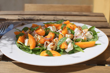 Fresh salad Apricots Spinach Feta cheese Healthy eating concept White plate Street restaurant