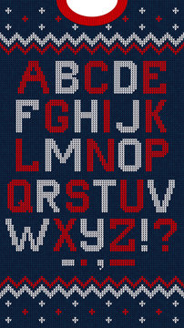 Vector Illustration Folk Latin Christmas Font Scandinavian Style Knitted Letters Alphabet And Pattern. Seamless Background Nordic Fair Isle Knitting, Winter Holiday Sweater Design.