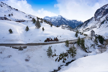 Candanchu snow road in Huesca on Pyrenees