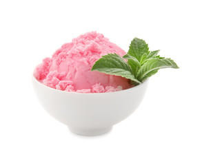 Bowl with delicious strawberry ice-cream on white background