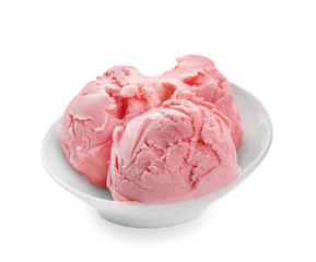 Plate with delicious strawberry ice-cream on white background