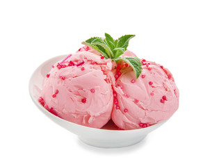 Plate with delicious strawberry ice-cream on white background