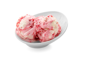 Plate with delicious strawberry ice-cream on white background