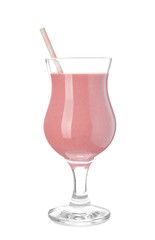Glass of tasty strawberry smoothie on white background