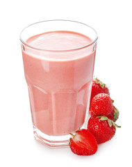 Glass of tasty strawberry smoothie on white background