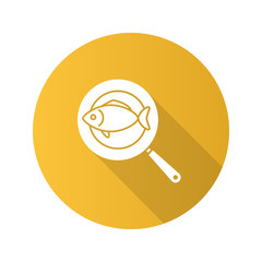 Fish on frying pan flat design long shadow glyph icon