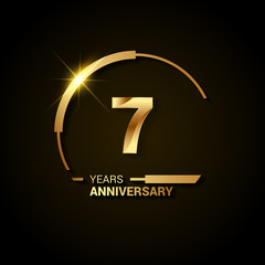 7 Years Anniversary Celebration Logotype. Golden Elegant Vector Illustration with Half Circle, Isolated on Black Background can be use for Celebration, Invitation, and Greeting card