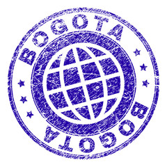BOGOTA stamp print with grunge texture. Blue vector rubber seal print of BOGOTA label with scratched texture. Seal has words placed by circle and globe symbol.