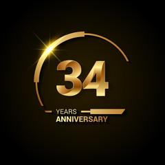 34 Years Anniversary Celebration Logotype. Golden Elegant Vector Illustration with Half Circle, Isolated on Black Background can be use for Celebration, Invitation, and Greeting card