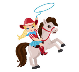 Cowgirl riding a horse with lasso.