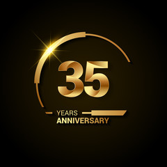 35 Years Anniversary Celebration Logotype. Golden Elegant Vector Illustration with Half Circle, Isolated on Black Background can be use for Celebration, Invitation, and Greeting card