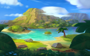 Island with Palms and Trees in the Sea under Clouds Game Background Illustration, Realistic Style Concept