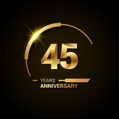 45 Years Anniversary Celebration Logotype. Golden Elegant Vector Illustration with Half Circle, Isolated on Black Background can be use for Celebration, Invitation, and Greeting card