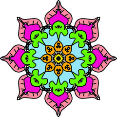 Coloring mandala eyes surrounded holy Bodhi leaves and blessed yellow flower at center