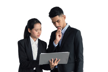 Businesspeople smiling coworking commenting and showing growth graphic and taking a business conversation on white back ground