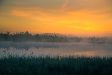 Fototapeta na wymiar A beautiful, colorful landscape of a misty swamp during the sunrise. Atmospheric, tranquil wetland scenery with sun in Latvia, Northern Europe.