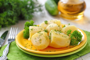 Boiled potatoes with fresh dill and oil