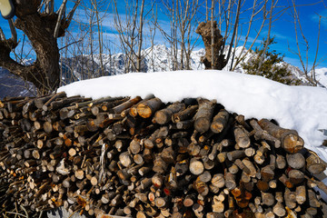 firewood stacked under snow in Pyrenees Spain