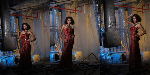 Evening Gown Ball Dress in Asian beautiful woman with fashion make up black hair, High Heel shoes
