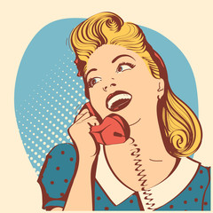 Retro junge Frau mit blonden Haaren, die am Telefon spricht. Vektor-Pop-Art-Farbillustration © GeraKTV