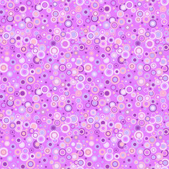 Geometric seamless pattern. The circles of different sizes and colors arranged on a violet background. Useful as design element for texture and artistic compositions.