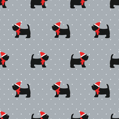 Scottish terrier in xmas hat seamless pattern. Cute dogs on polka dots background illustration. Chinese new year 2018. Design for textile, fabric and decor. - 214606443