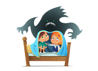 Pair of scared children sitting on bed and hiding from frightening ghost under blanket. Fearful kids and imaginary monster. Cartoon characters isolated on white background. Vector illustration.