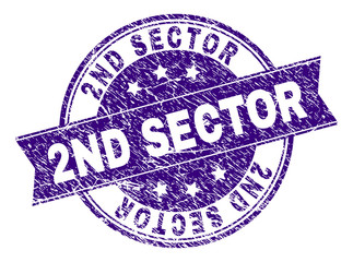 2ND SECTOR stamp seal imprint with grunge texture. Designed with ribbon and circles. Violet vector rubber print of 2ND SECTOR text with dirty texture.