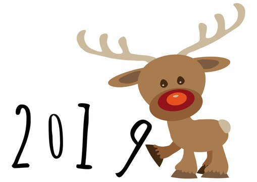 Little funny baby cartoon reindeer supporting number eight in numeric year, pour feliciter 2019 graphic