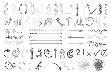 Arrows. Infographic elements on white background. Black symbols for design. Hand drawn simple signs. Line art. Set of different doodles for work