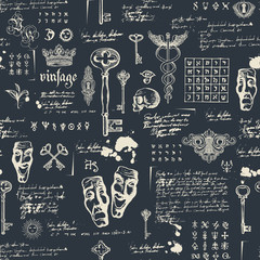 Vector seamless pattern on the theme of theater and drama with drawings of theatrical masks, vintage keys and lettering. Retro wallpaper, wrapping paper or backdrop for textile with sketches and blots