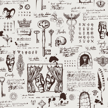Vector seamless pattern on the theme of theater and drama with drawings of theatrical masks, vintage keys and lettering. Retro wallpaper, wrapping paper or backdrop for textile with sketches and blots