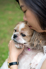 Asian young lady with her pet Shih Tzu puppy dog outdoor