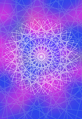 White delicate mandala on a purple and blue background. Spiritual symbol.