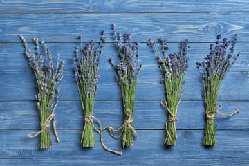 Bunches of lavender on wooden table