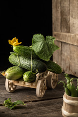 Green fresh cucumbers on a wooden cart