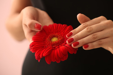 Young woman with beautiful manicure and flower, closeup