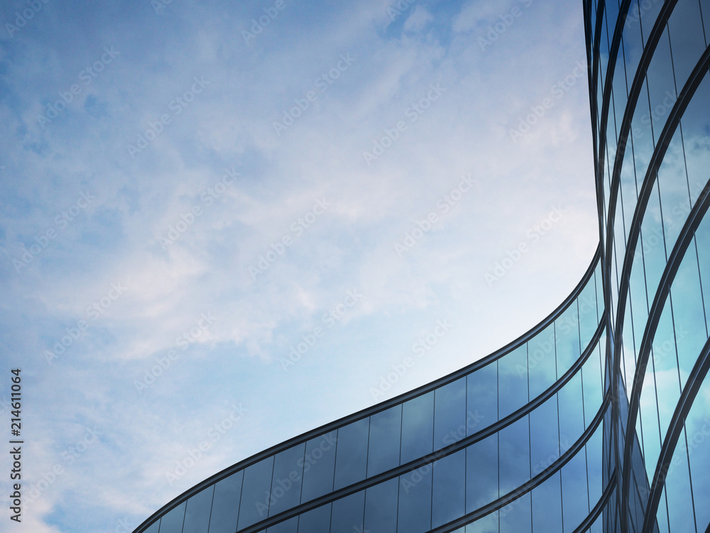 Fototapete perspective of high rise building and dark steel window system with clouds reflected on the glass.bu