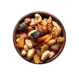 Fototapeta na wymiar Bowl with different nuts and dried fruits on white background