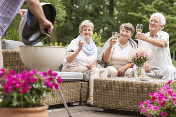Smiling elderly people drinking wine during grill party in the garden - obrazy, fototapety, plakaty