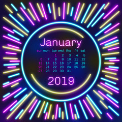 2019. January Calendar page in neon effect style poster for concept typography design, flat color....
